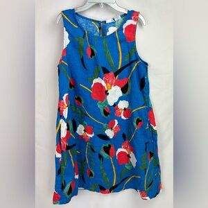 Sigrid Olsen Medium Blue Floral 100% Linen Sleeveless Dress Pockets Vacation